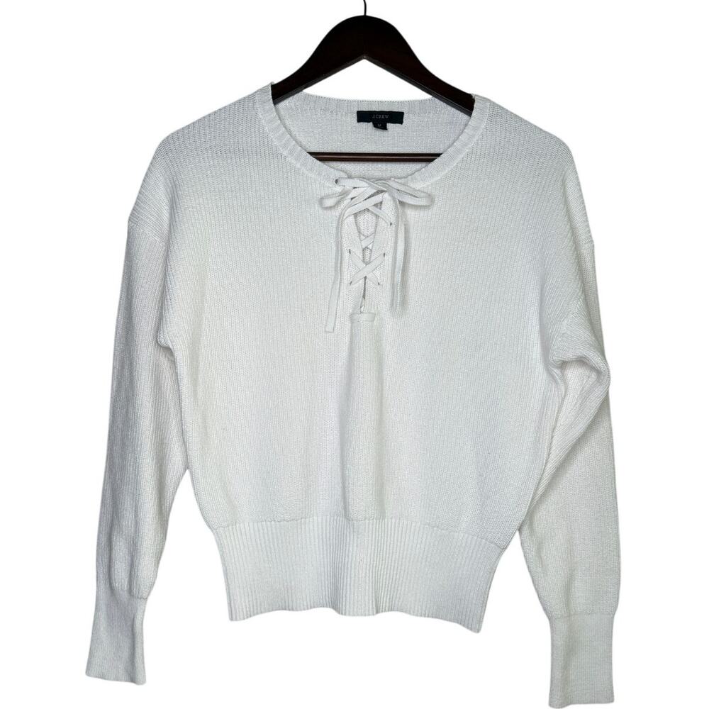 J.Crew Front Lace Long Sleeve Stretch Plush Knit Sweater Rib Hems M True White